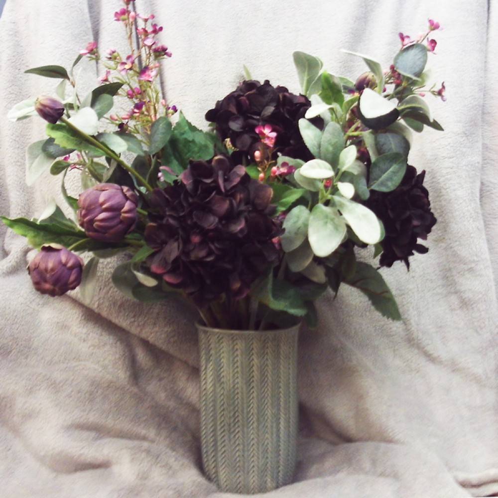 Aubergine Hydrangeas and Globe Artichokes Artificial Flower Arrangements